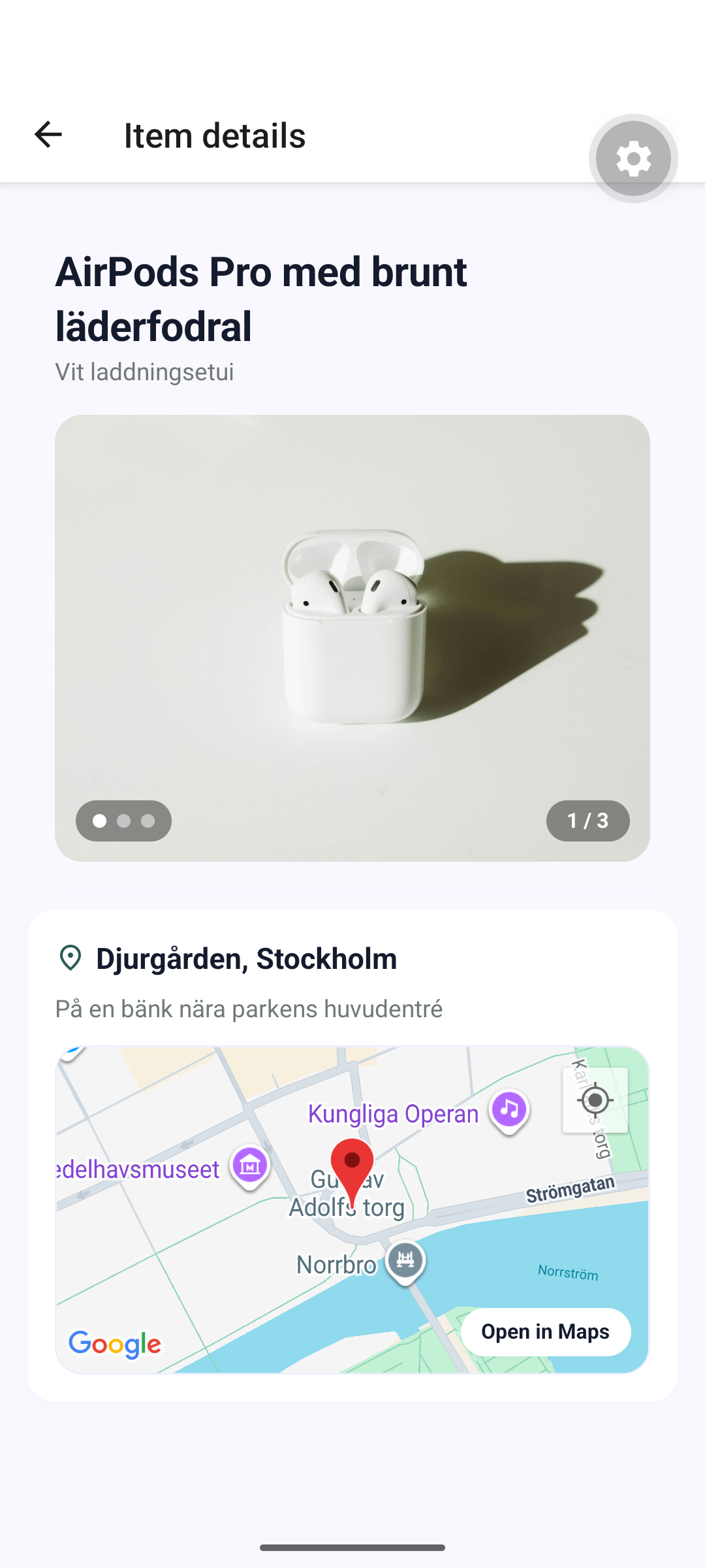 Details screen with a photo gallery, a location hint and a map with a marker