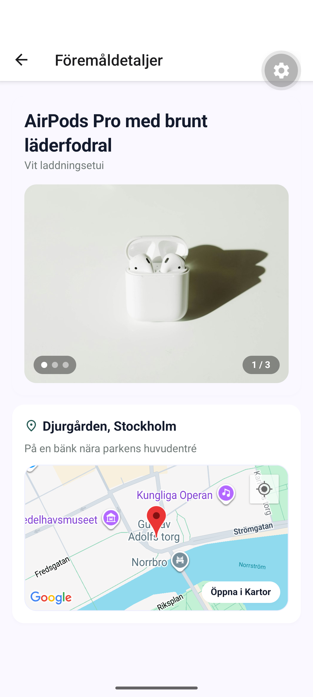 Detaljvy med bildgalleri, platshänvisning och en karta med markör